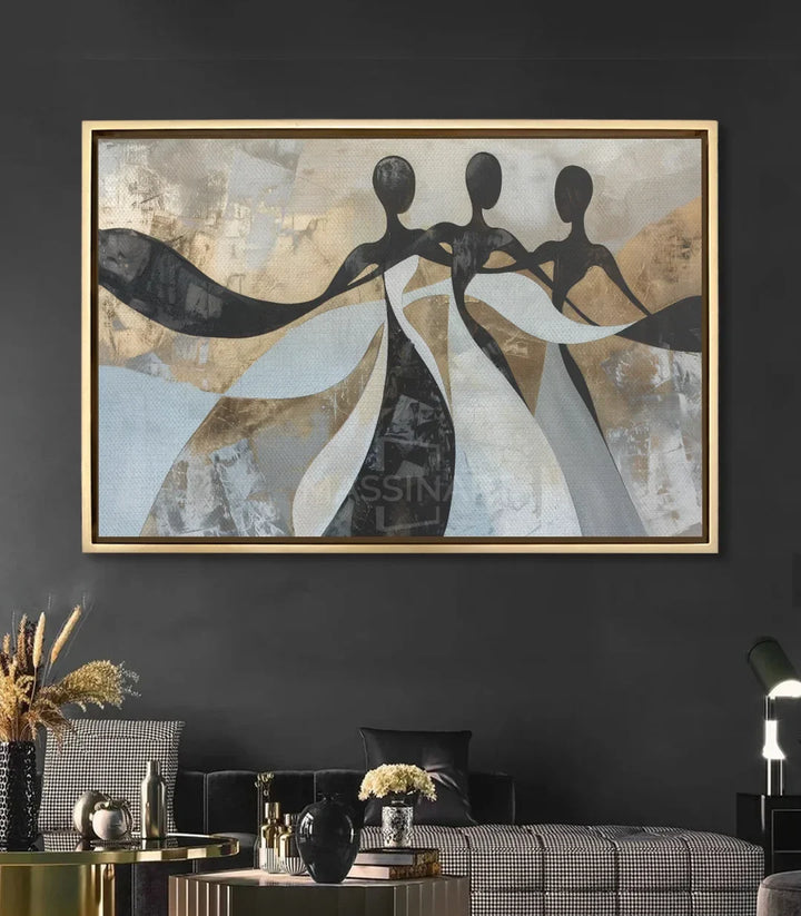 Cuadro abstracto siluetas danzantes en salón moderno, decoración pared Massinart
