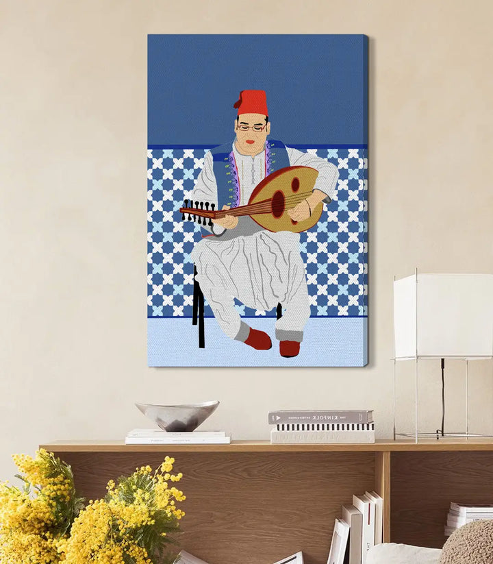 Cuadro arte figurativo Massinart — motivos de zellige geométrico en azul, blanco y rojo