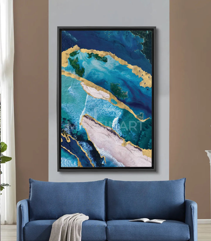 Cuadro vista aérea litoral costero — tonos azul turquesa y dorado, arte mural decorativo