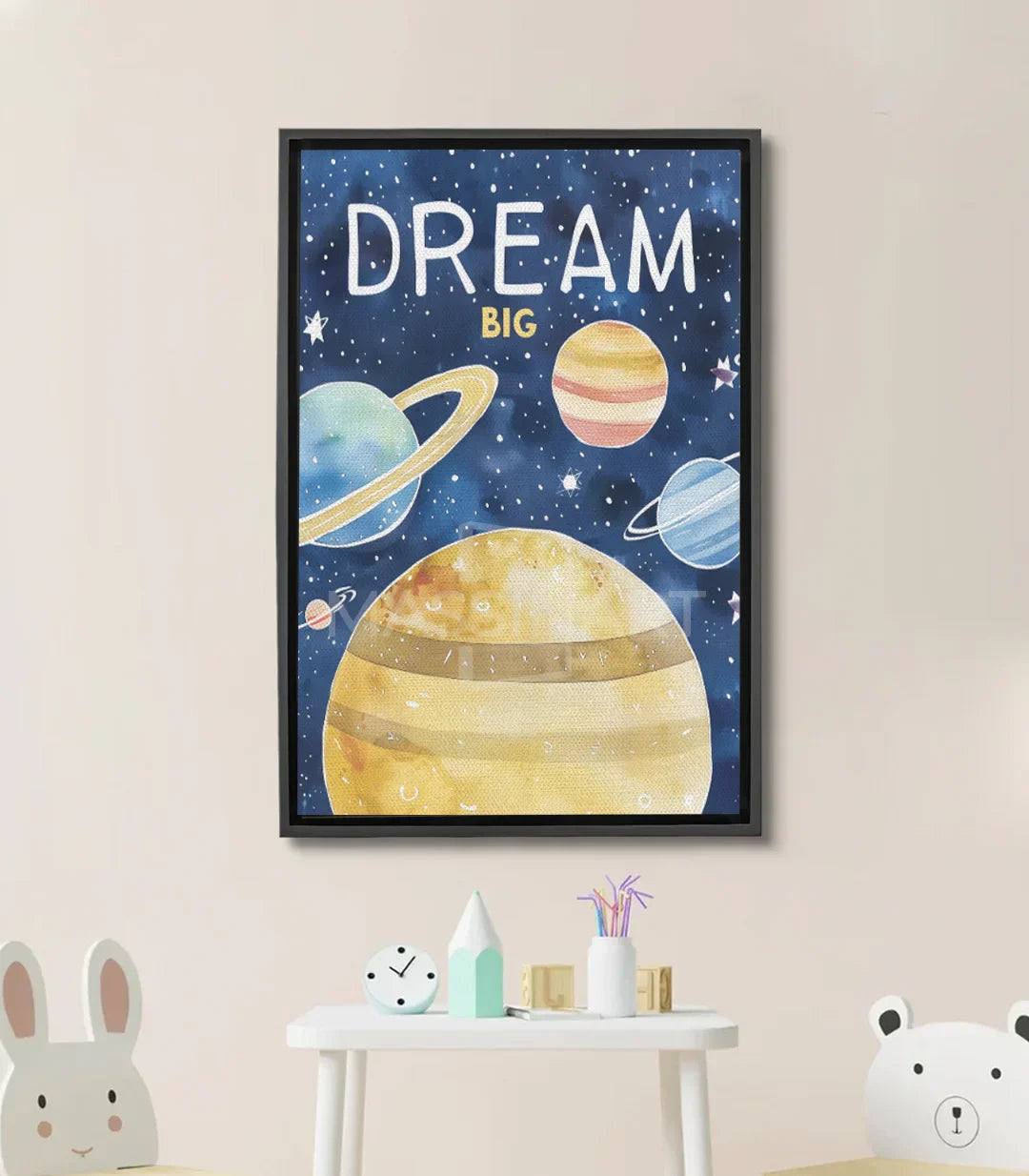 Cuadro Dream Big Kido — planetas del sistema solar ilustrados, texto en blanco y amarillo sobre fondo azul estrellado, Massinart