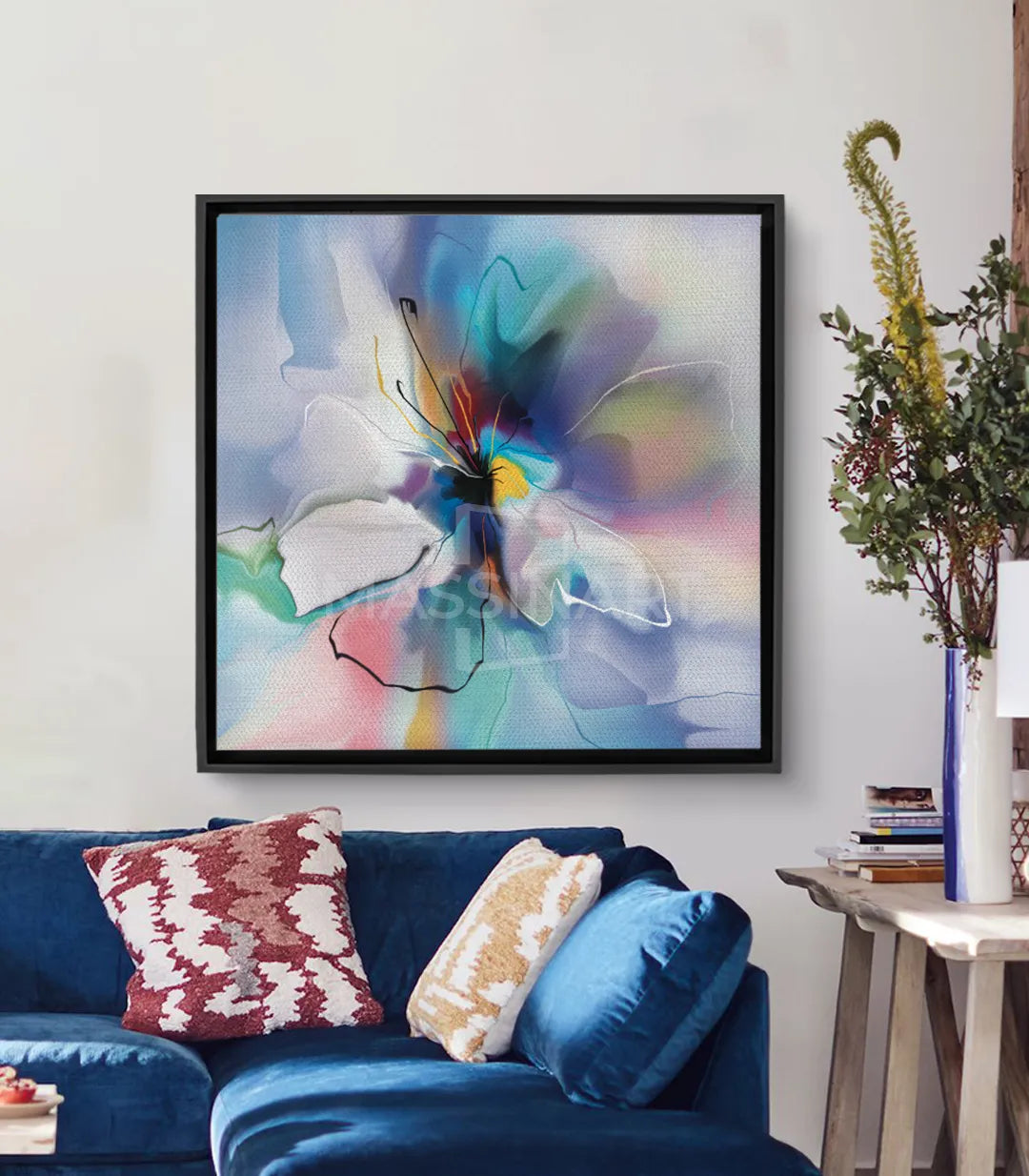 Cuadro flor abstracta acuarela con pétalos en blanco, azul, turquesa y rosa sobre lienzo canvas Massinart