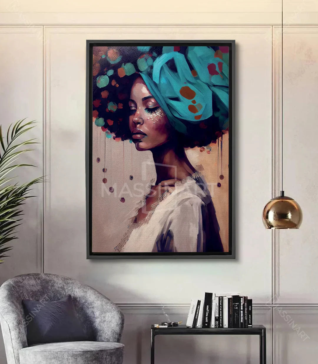 Cuadro Thoughts retrato de mujer expresionista en tonos turquesa y ocre — Massinart