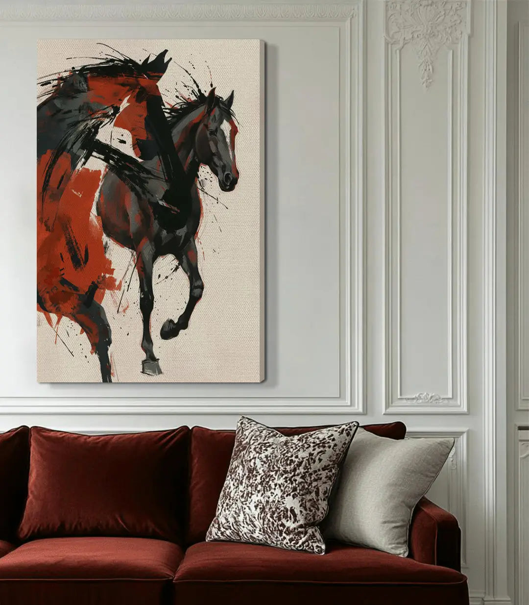 Cuadro ecuestre Crimson Spirit en decoración de salón minimalista — Massinart