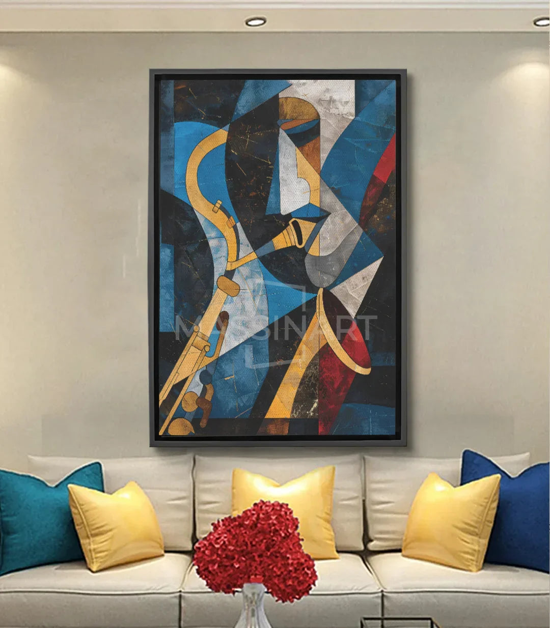 Cuadro Saxo — composición cubista abstracta de músico de saxofón en azul, amarillo y negro, Massinart
