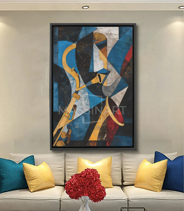Cuadro Saxo — composición cubista abstracta de músico de saxofón en azul, amarillo y negro, Massinart