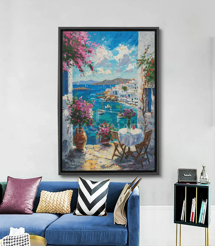 Cuadro Mediterranean Balcony paisaje costero mediterráneo con flores rosas Massinart