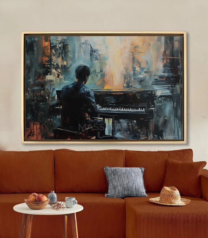 Cuadro The Pianist en salón moderno con tonos terracota, decoración contemporánea