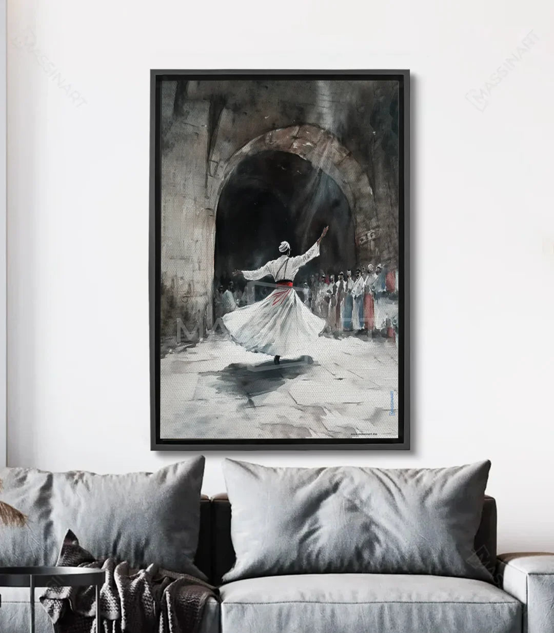 Cuadro danza sufí derviche en blanco y negro con arco antiguo, arte mural Massinart