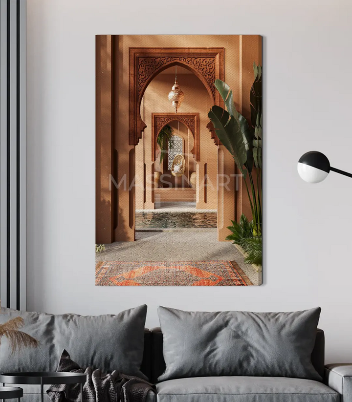 Golden Riad – lienzo decorativo de pasaje abovedado en riad, estilo oriental, para salón o hotel
