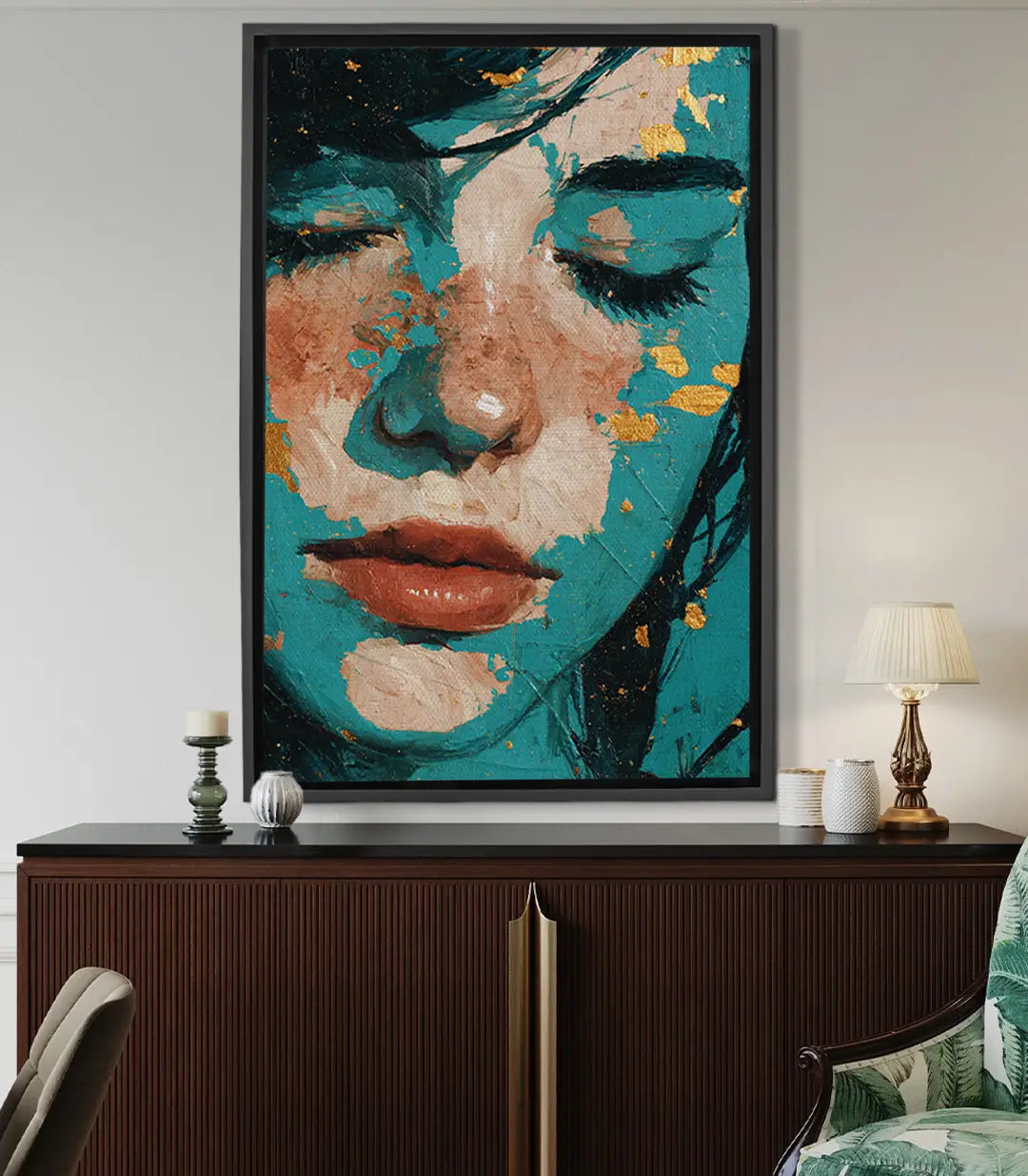 Cuadro Inner Sorrow retrato mujer en turquesa y dorado — Massinart