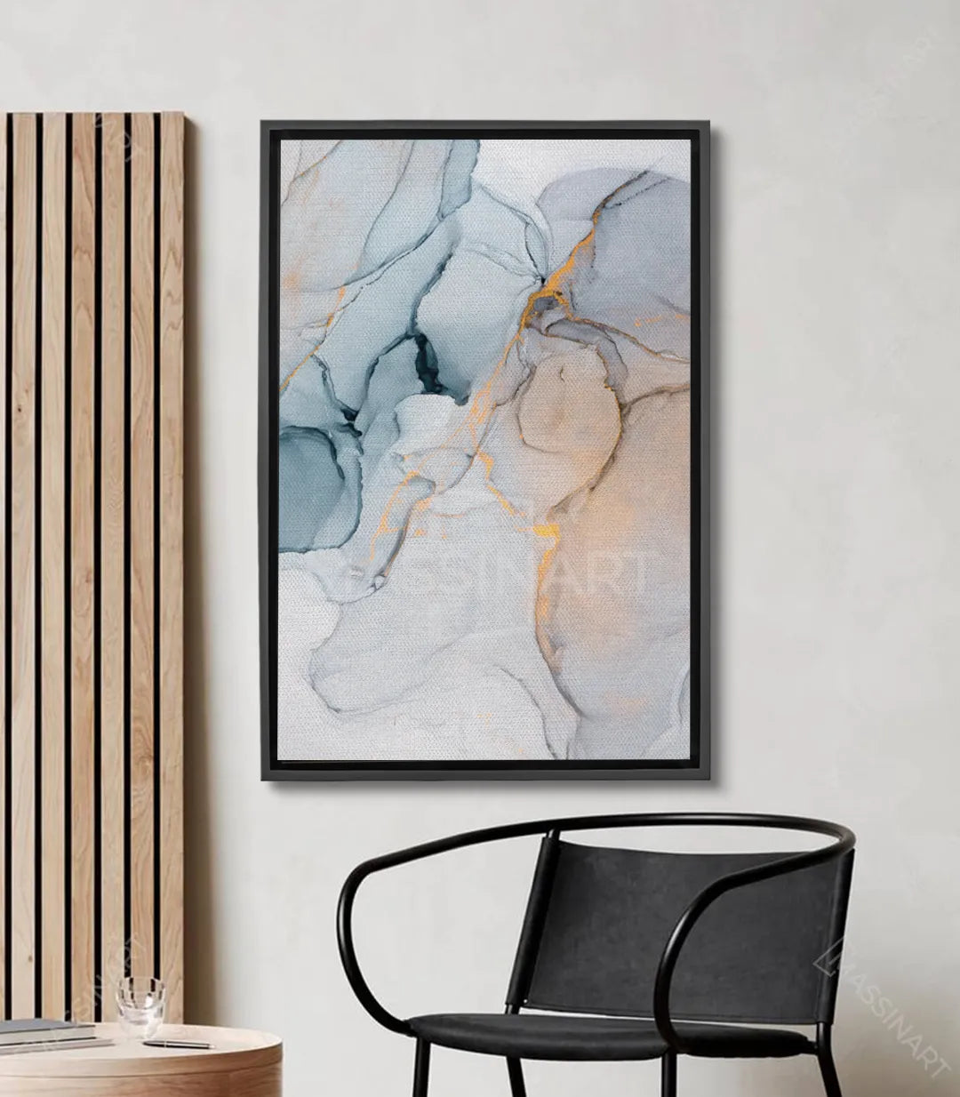 Cuadro Ocean Marble abstracto — mármol azul, beige y dorado con venas fluidas | Massinart