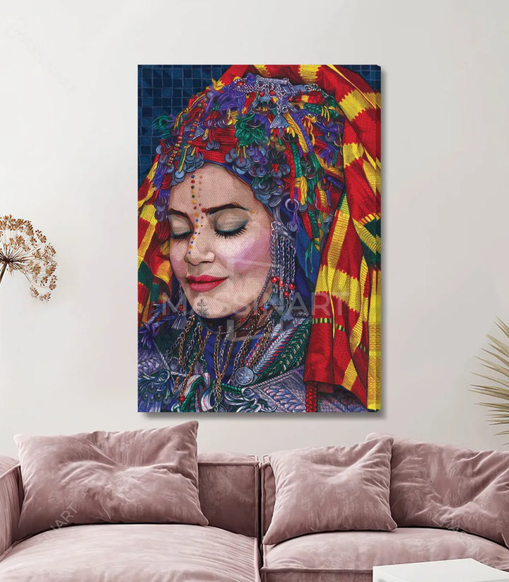 Detalle cuadro mujer bereber con ornamentos tradicionales y paleta vibrante — Massinart