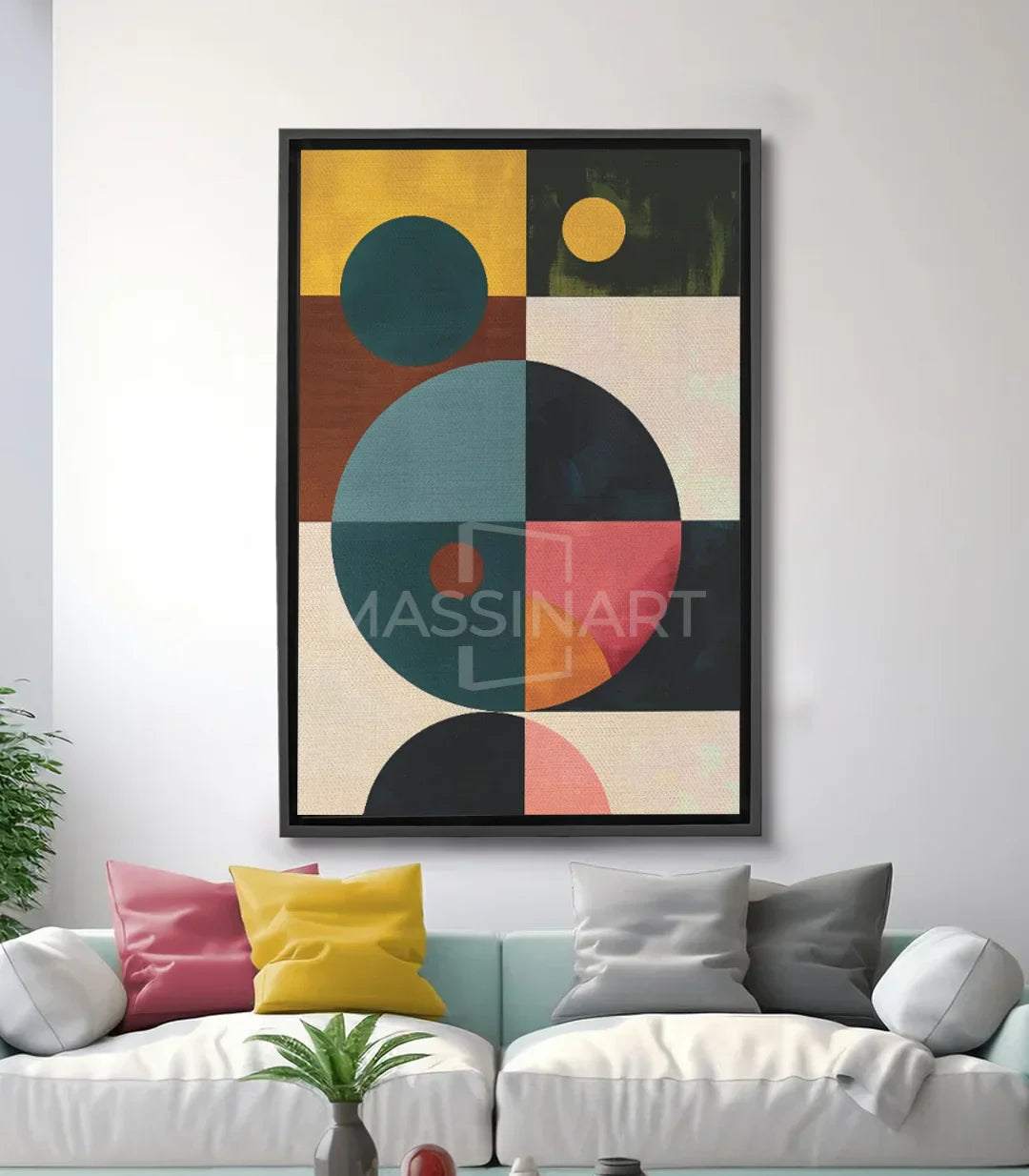 Cuadro abstracto geométrico Massinart — círculos y cuadrados en azul, amarillo, beige y negro