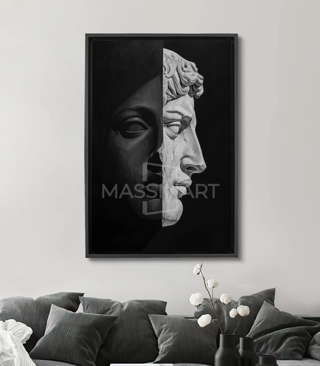Cuadro Devide Massinart — escultura antigua doble rostro negro y blanco minimalista