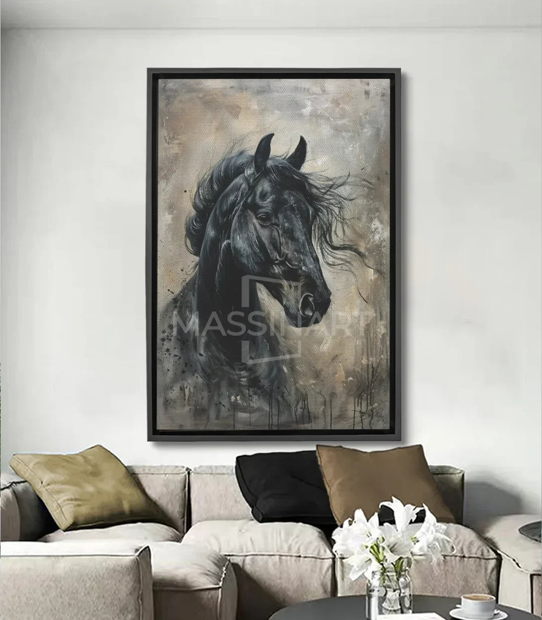 Cuadro caballo negro Midnight Soul — retrato ecuestre expresionista de Massinart