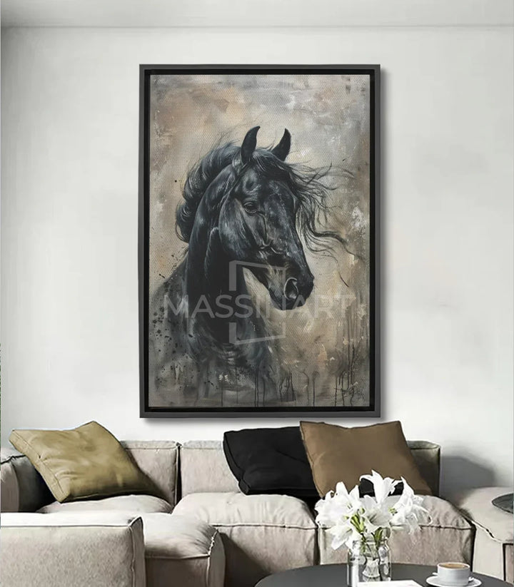 Cuadro caballo negro Midnight Soul — retrato ecuestre expresionista de Massinart