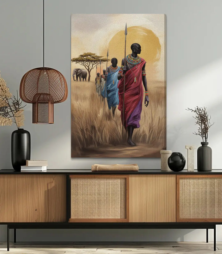 Cuadro Savanna March en despacho — arte figurativo africano con paleta cálida