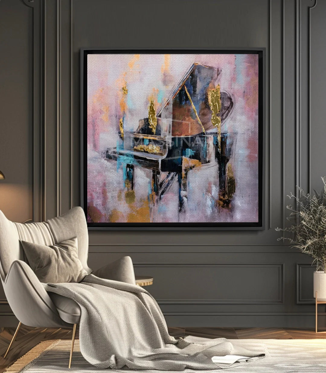 Cuadro piano abstracto expresionista en tonos rosa, azul y dorado — Massinart