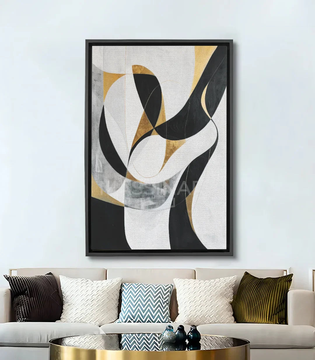 Cuadro abstracto In Motion en negro, blanco y dorado — arte minimalista Massinart