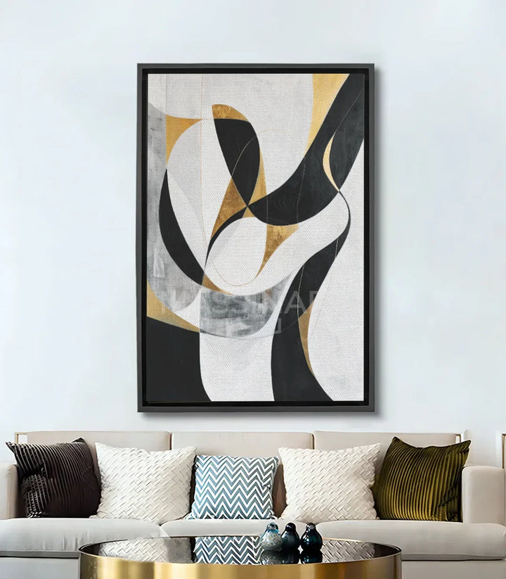Cuadro abstracto In Motion en negro, blanco y dorado — arte minimalista Massinart