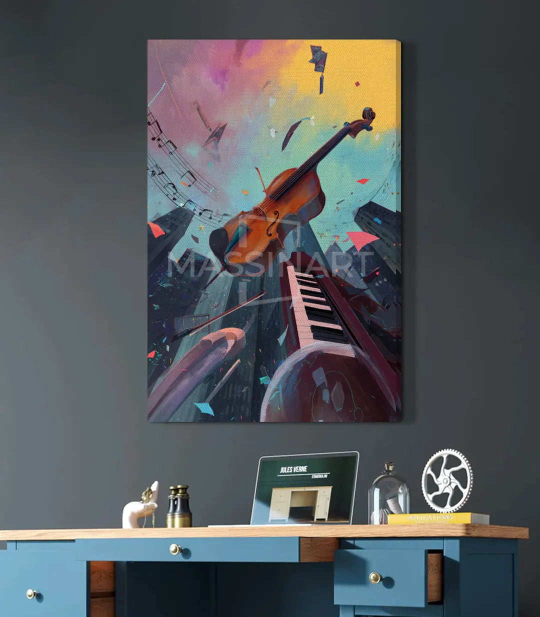 Cuadro Melodic Sky detalle — instrumentos y notas musicales sobre cielo abstracto Massinart