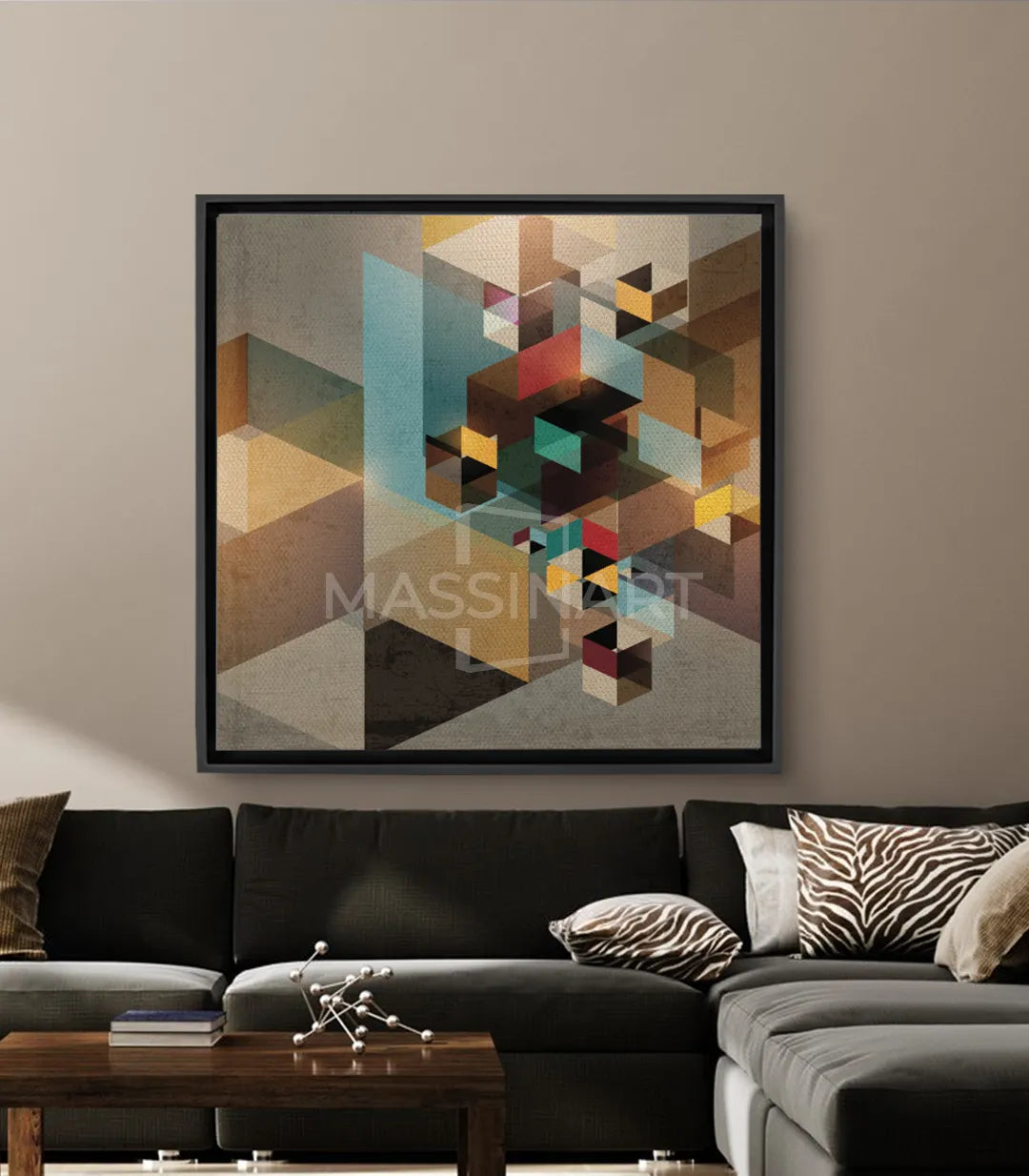 Cuadro abstracto geométrico formas 3D en tonos azul, amarillo, rojo, beige y marrón — Massinart