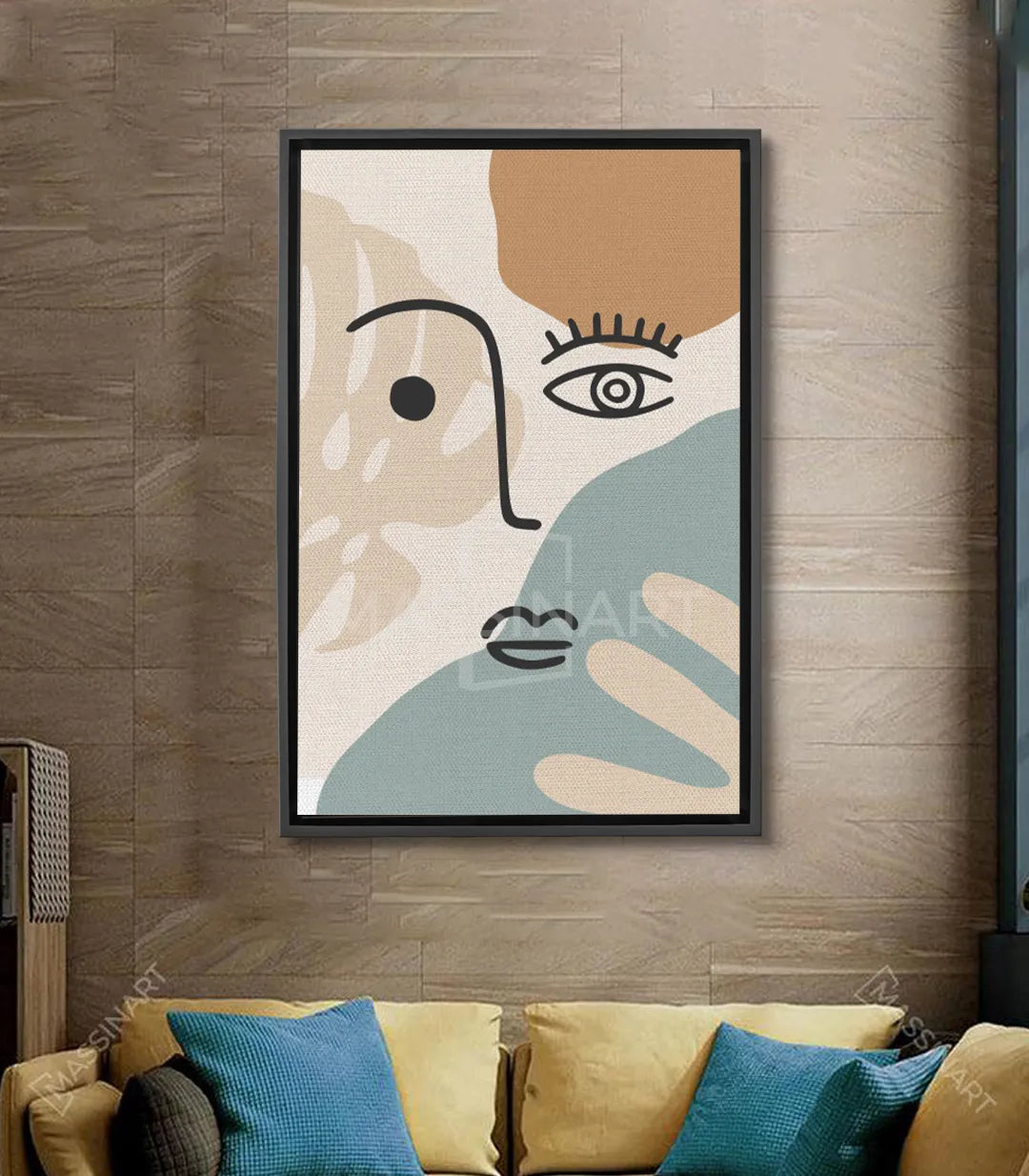 Cuadro rostro abstracto minimalista con trazos negros, fondo beige y verde salvia — Massinart