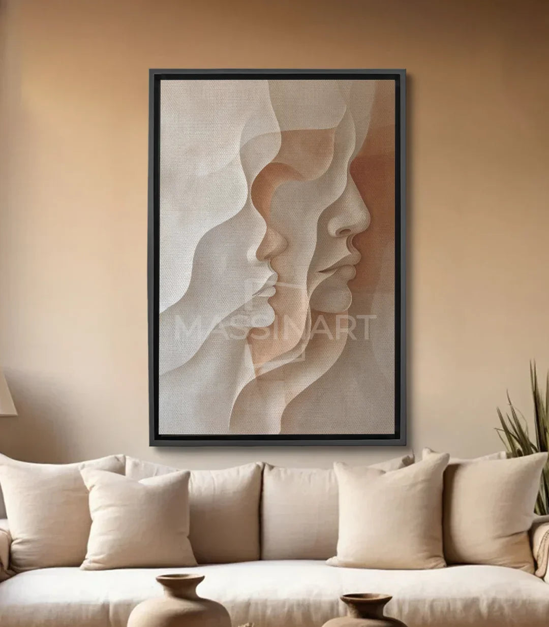 Cuadro Duo perfiles abstractos — dos rostros estilizados en beige y terracota, arte mural minimalista Massinart