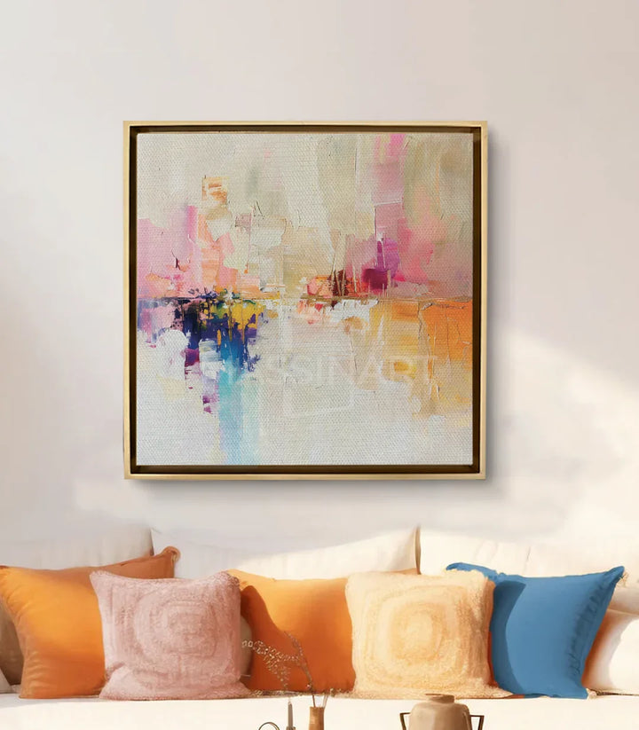 Ambientación en salón moderno con cuadro abstracto colorido Burst of Color — Massinart
