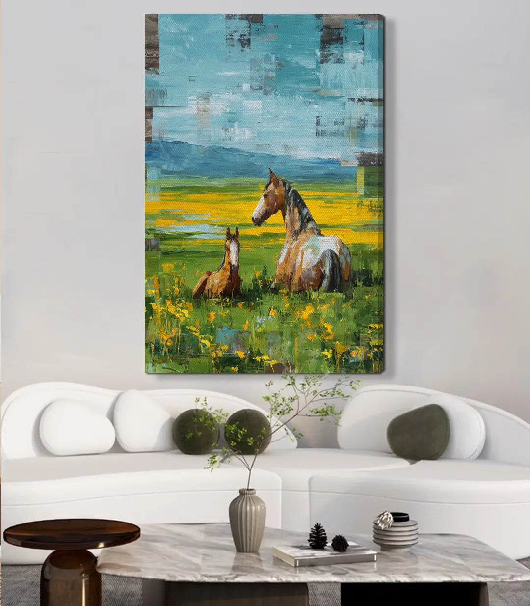 Cuadro Resting Horses de Massinart — composición con caballos, cielo matizado, estilo contemporáneo