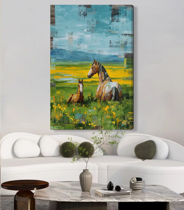 Cuadro Resting Horses de Massinart — composición con caballos, cielo matizado, estilo contemporáneo
