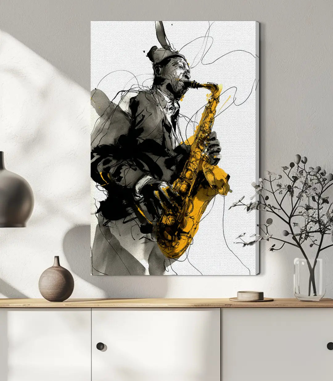 Cuadro Jazz Reverie sobre pared blanca — arte mural temática musical, Massinart