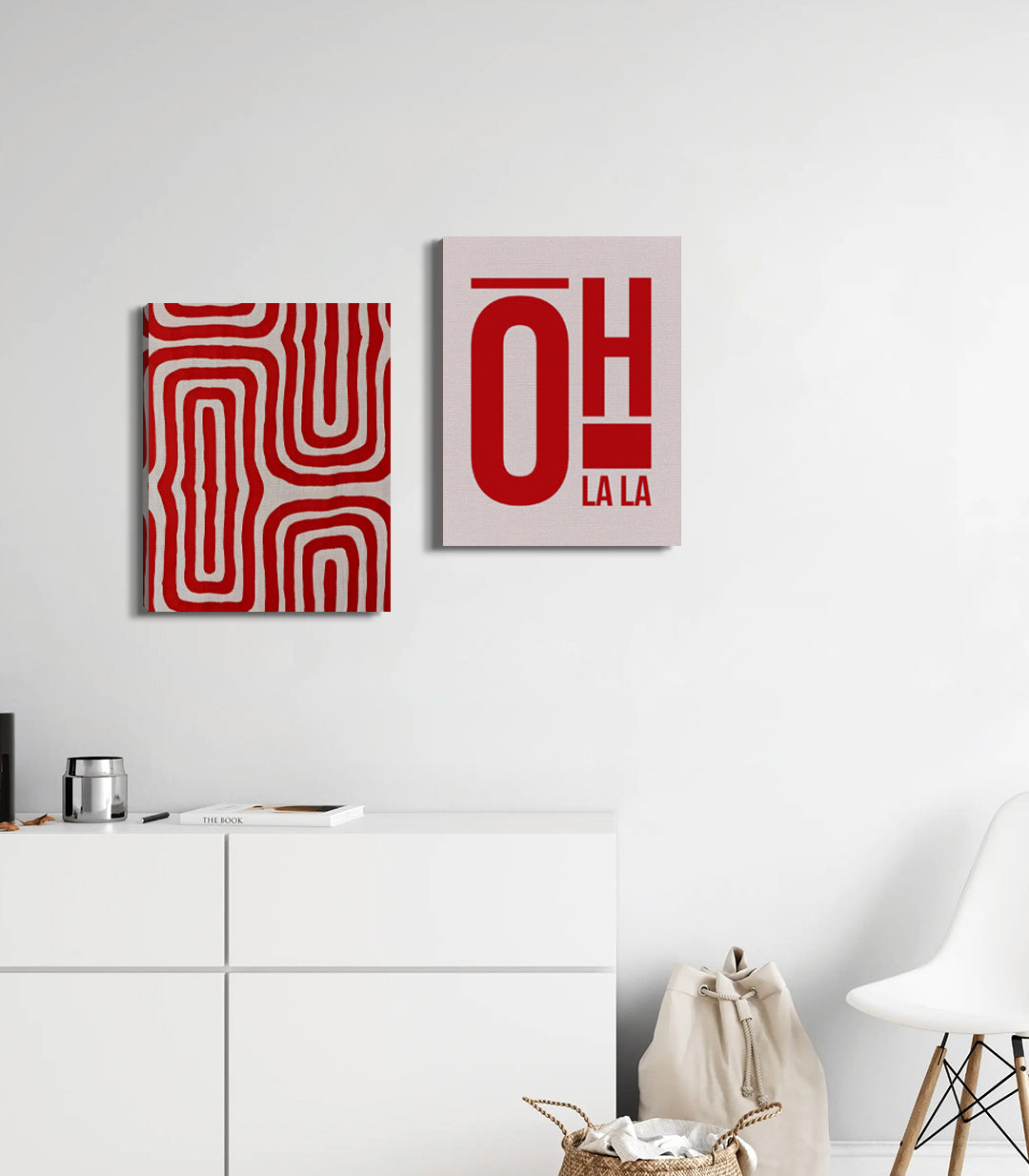 Vibe Rouge – díptico abstracto minimalista con tipografía y geometría en rojo, cuadro decorativo para salón u oficina