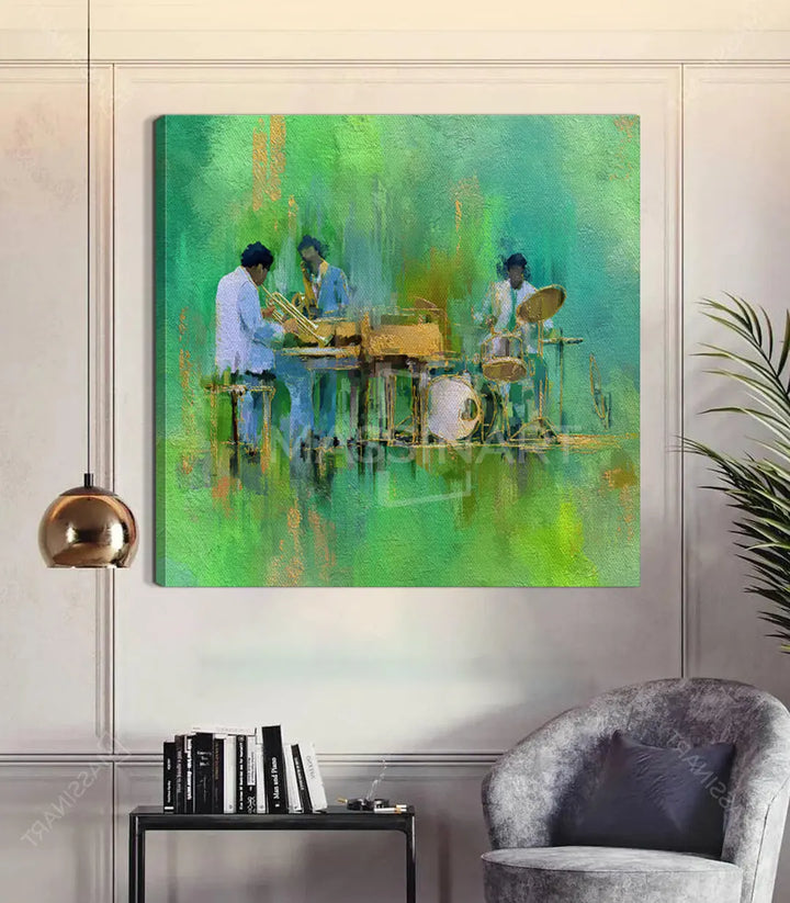Green Jazz – ambientación en salón moderno con cuadro abstracto musical