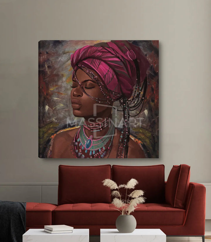 Cuadro mujer africana en tonos cálidos, ambiente salón elegante Massinart
