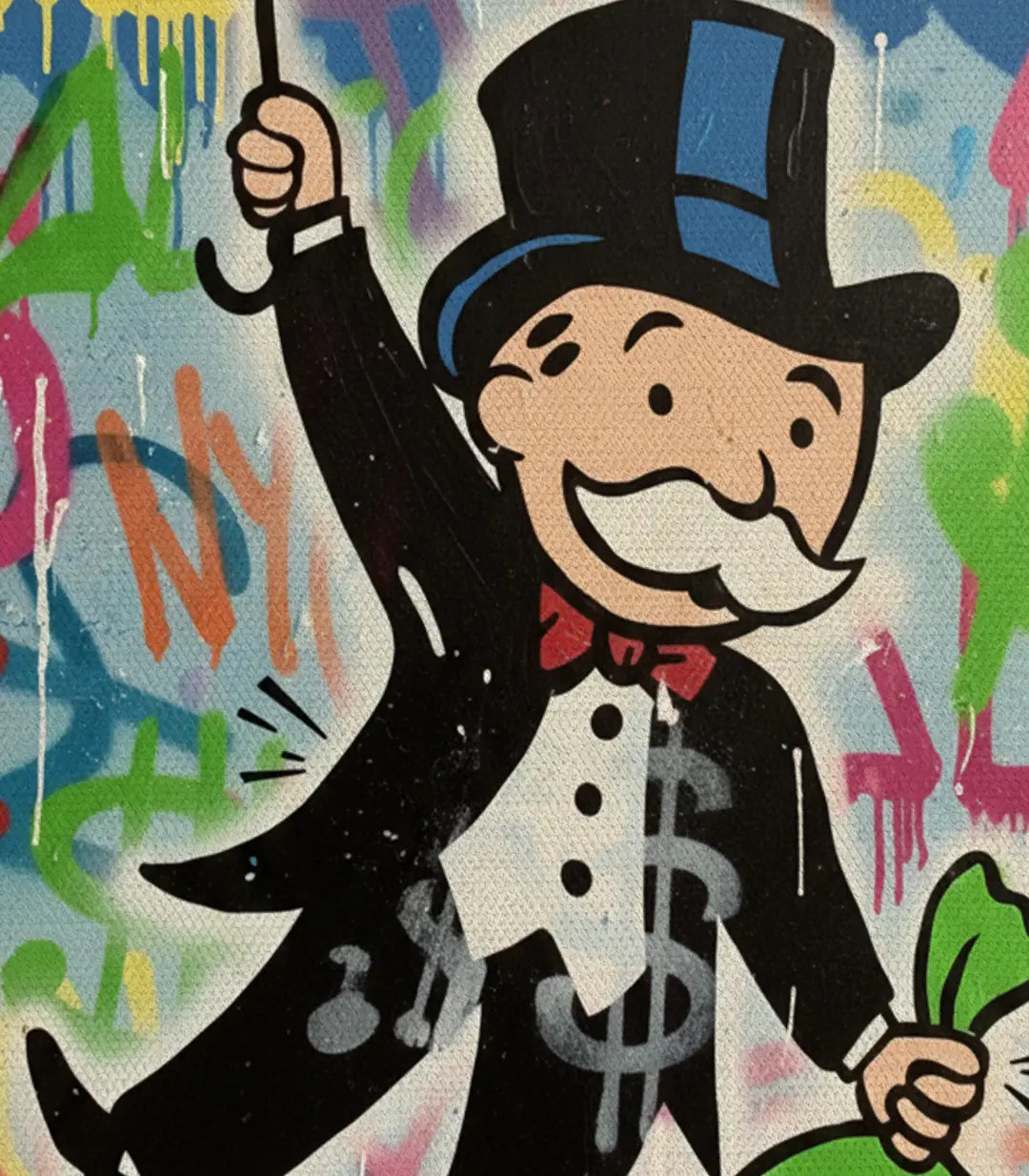Detalle personaje — Figura con chistera dinero tríptico Money Dreams street-art Massinart