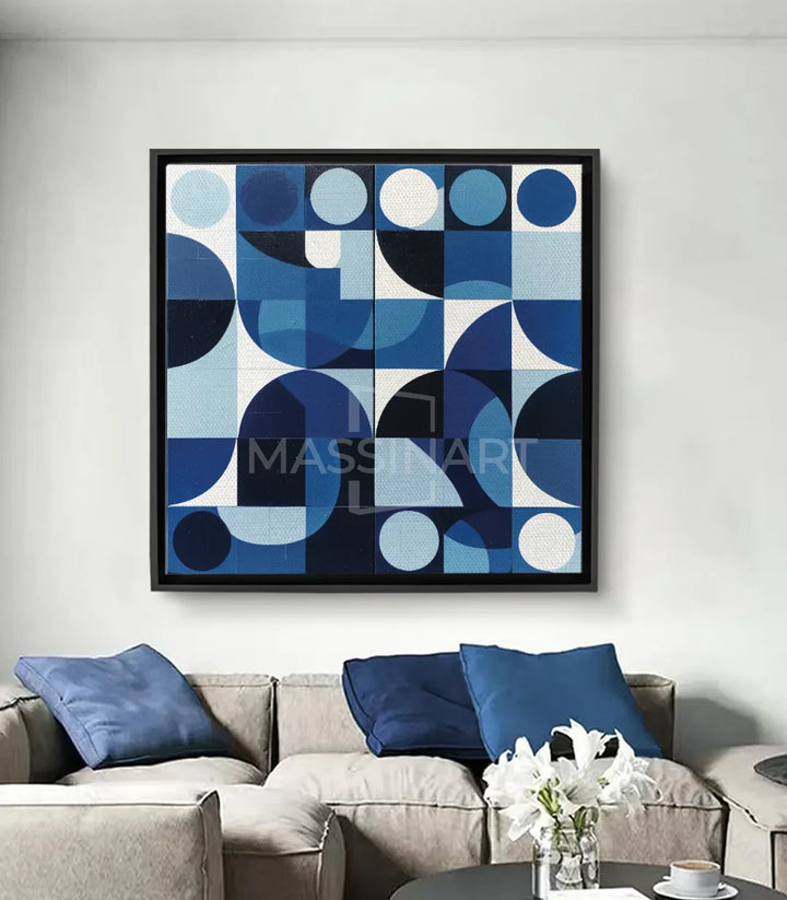 Cuadro Loops Massinart — composición geométrica abstracta de círculos y cuadrados en azul y blanco