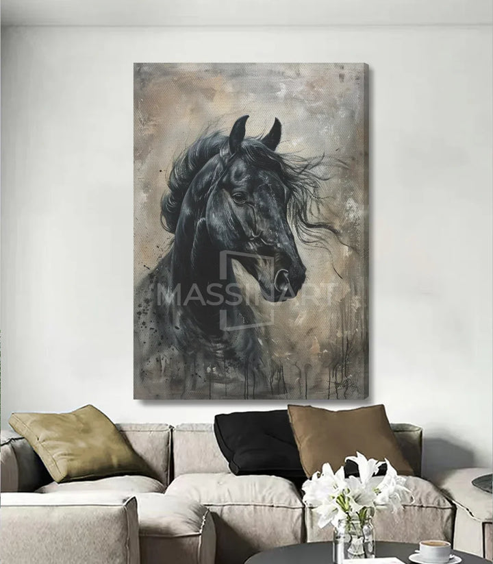 Cuadro caballo negro Midnight Soul en pared — ambiente decorativo Massinart