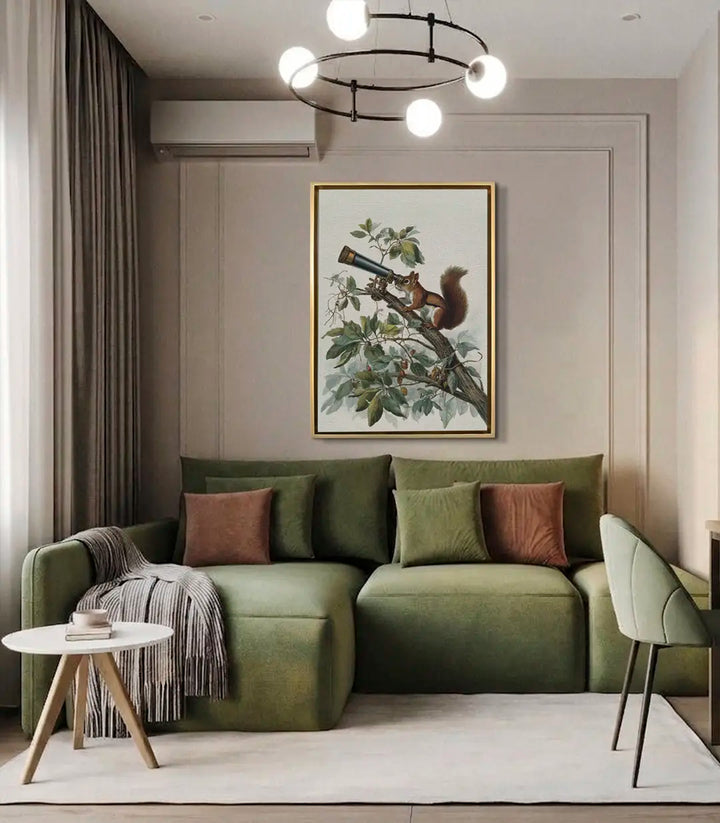 Cuadro Stargazer en salón moderno — lienzo ardilla sobre sofá verde, decoración contemporánea Massinart