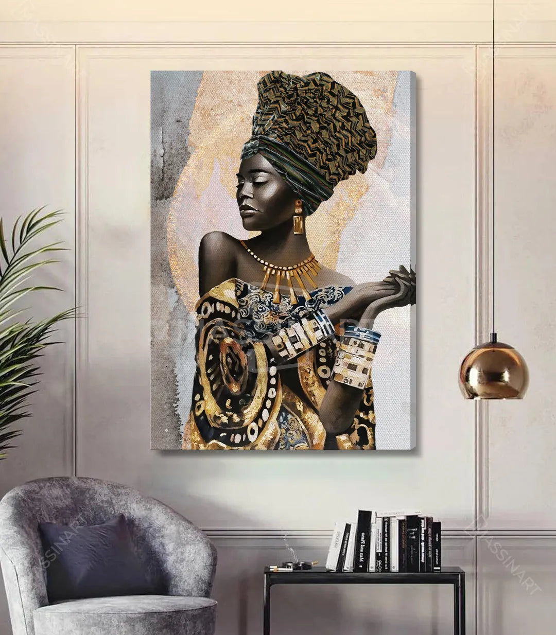 Cuadro retrato africano vertical en despacho elegante Massinart