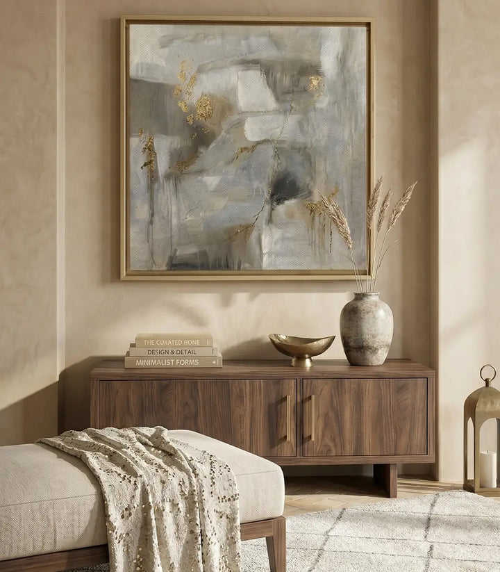 Dormitorio decorado con cuadro Mending minimalista dorado, Massinart