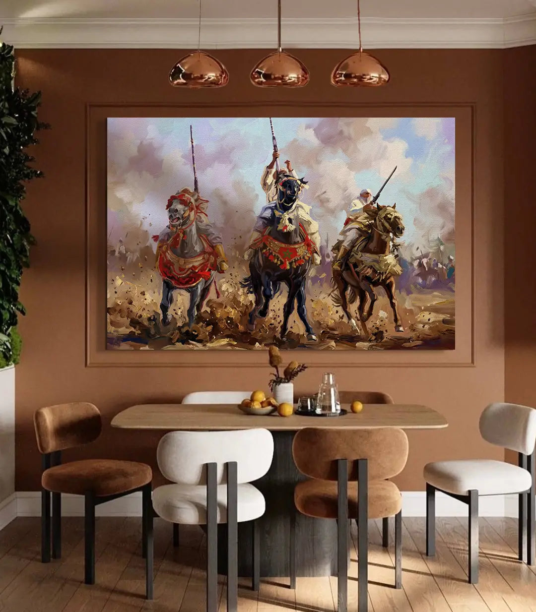 Cuadro Baroud en salón árabe, jinetes con espada en combate histórico, tonos cálidos — Massinart