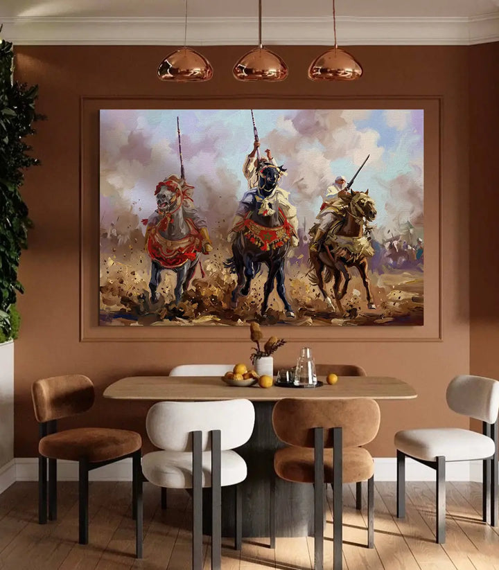 Cuadro Baroud en salón árabe, jinetes con espada en combate histórico, tonos cálidos — Massinart