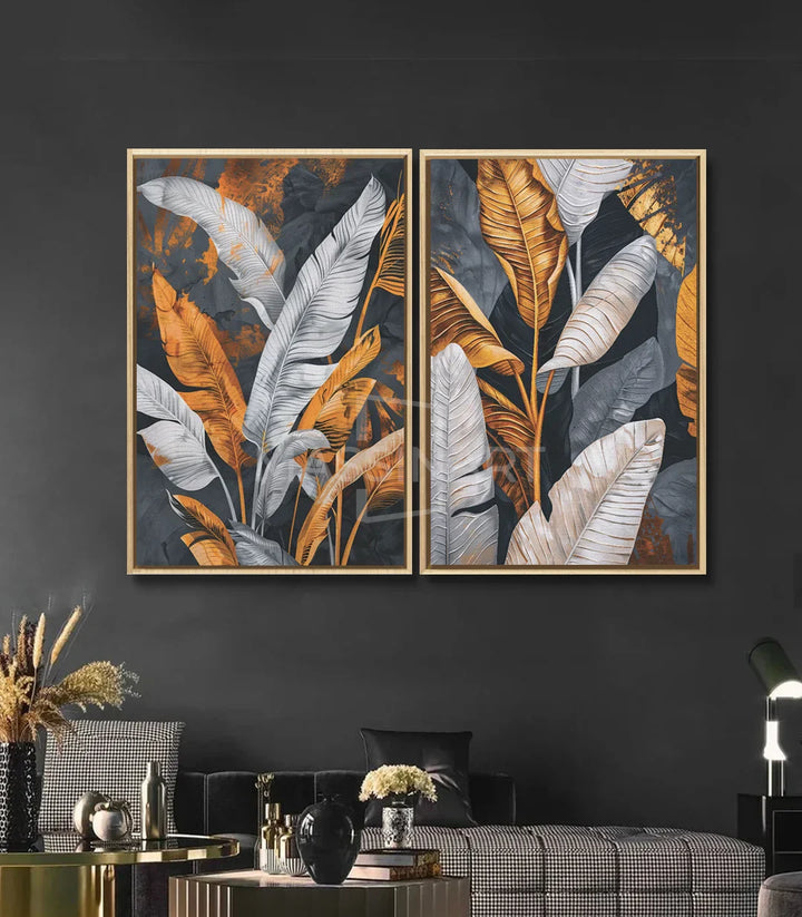 Cuadro Tropical díptico hojas doradas en salón contemporáneo — Massinart