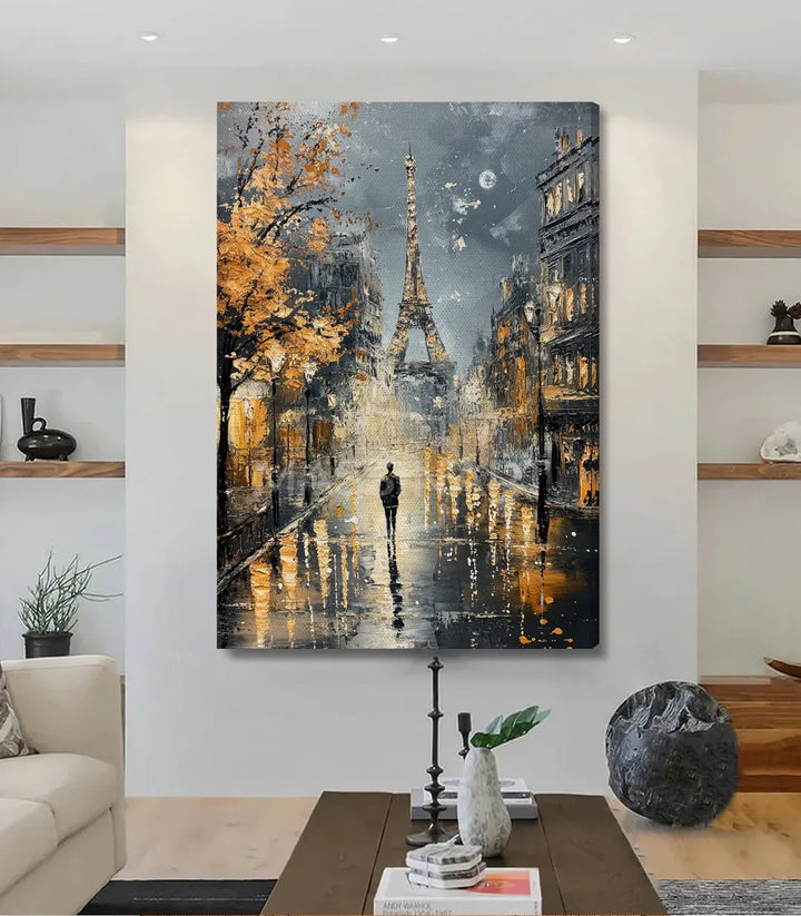 Cuadro Paris Stroll sobre pared blanca en salón moderno, Massinart