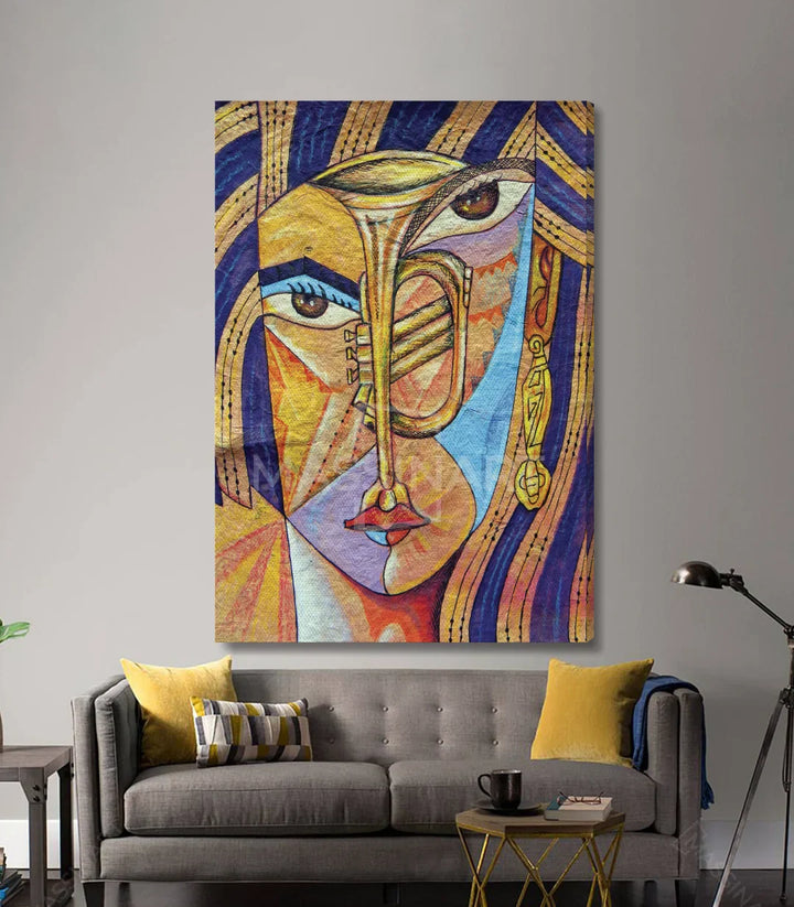 Cuadro surrealista cubista — detalle de paleta en azul, dorado y malva, Massinart