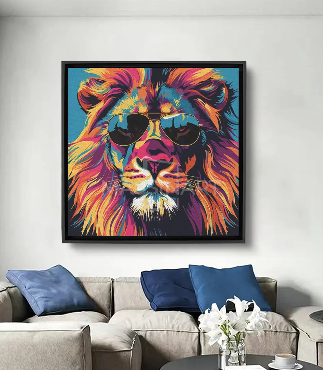 Cuadro de león pop-art colorido — azul, amarillo, rosa y naranja intenso