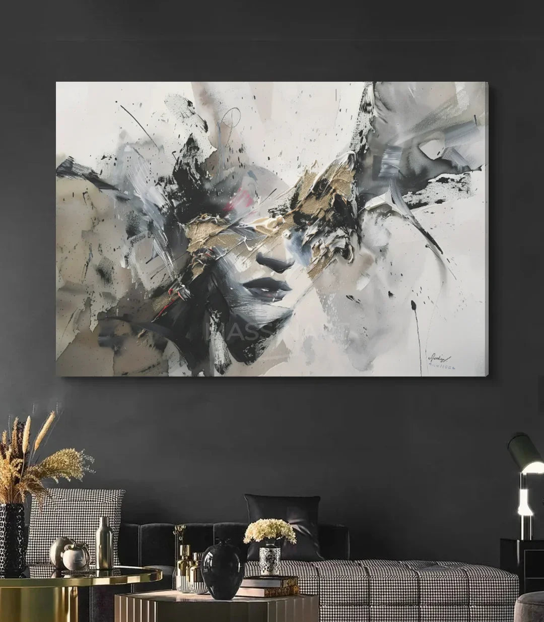 Cuadro rostro fragmentado estilo photo-art en paleta de grises — Massinart
