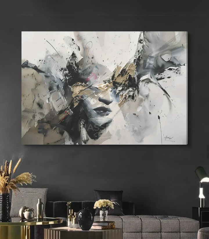 Cuadro rostro fragmentado estilo photo-art en paleta de grises — Massinart