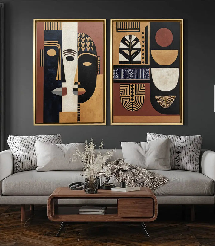 Ambientación salón moderno díptico Tribalism Massinart decoración mural